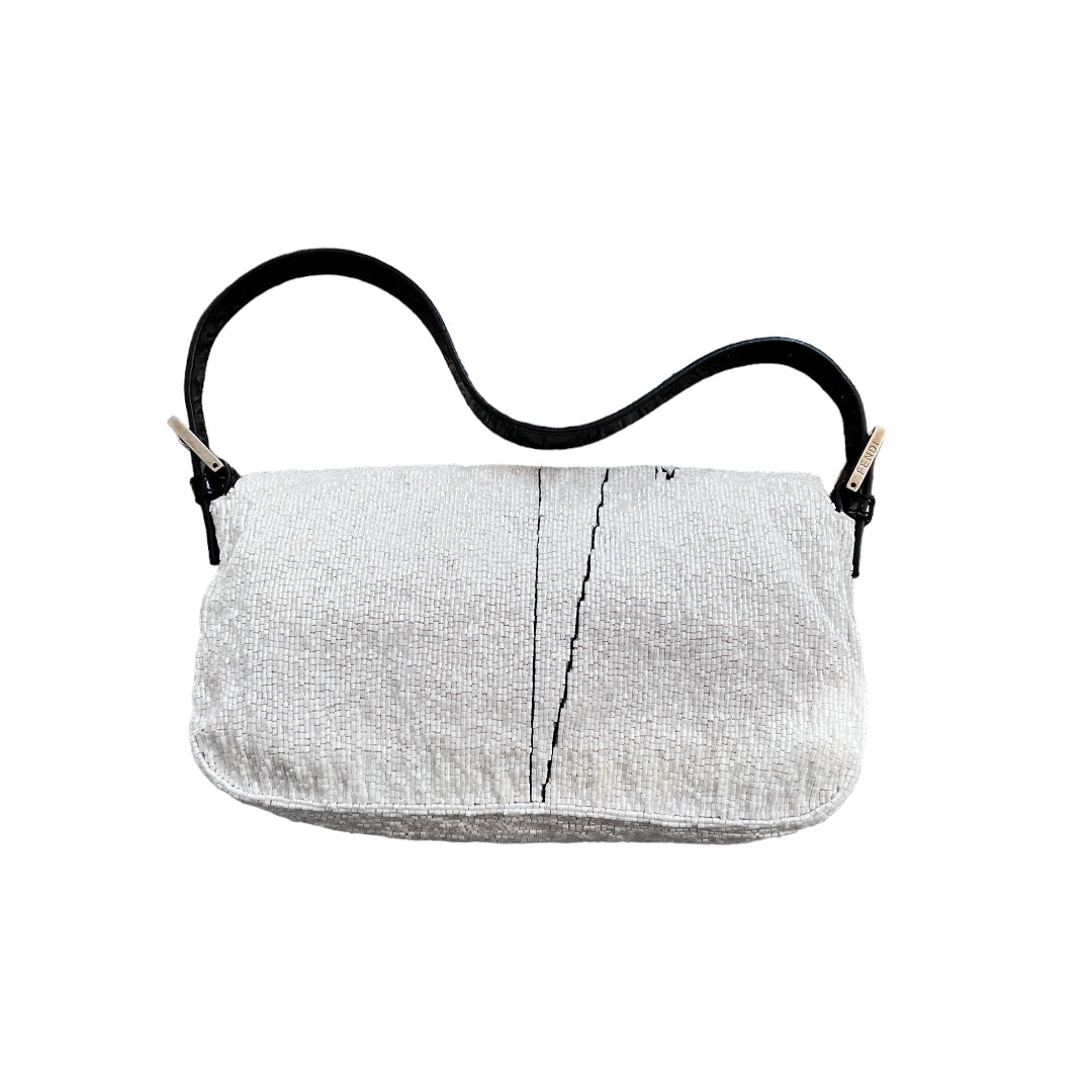 rare FENDI Limited Edition Beaded White and Black Baguette Shoulder Bag