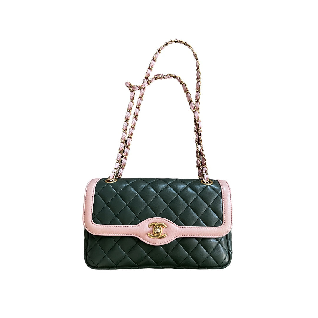 Chanel Chanel Green & Pink Quilted Lambskin Single Flap Bag
