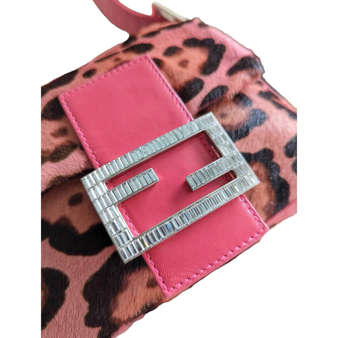 Fendi pink pony hair rhinestones buckle hand bag