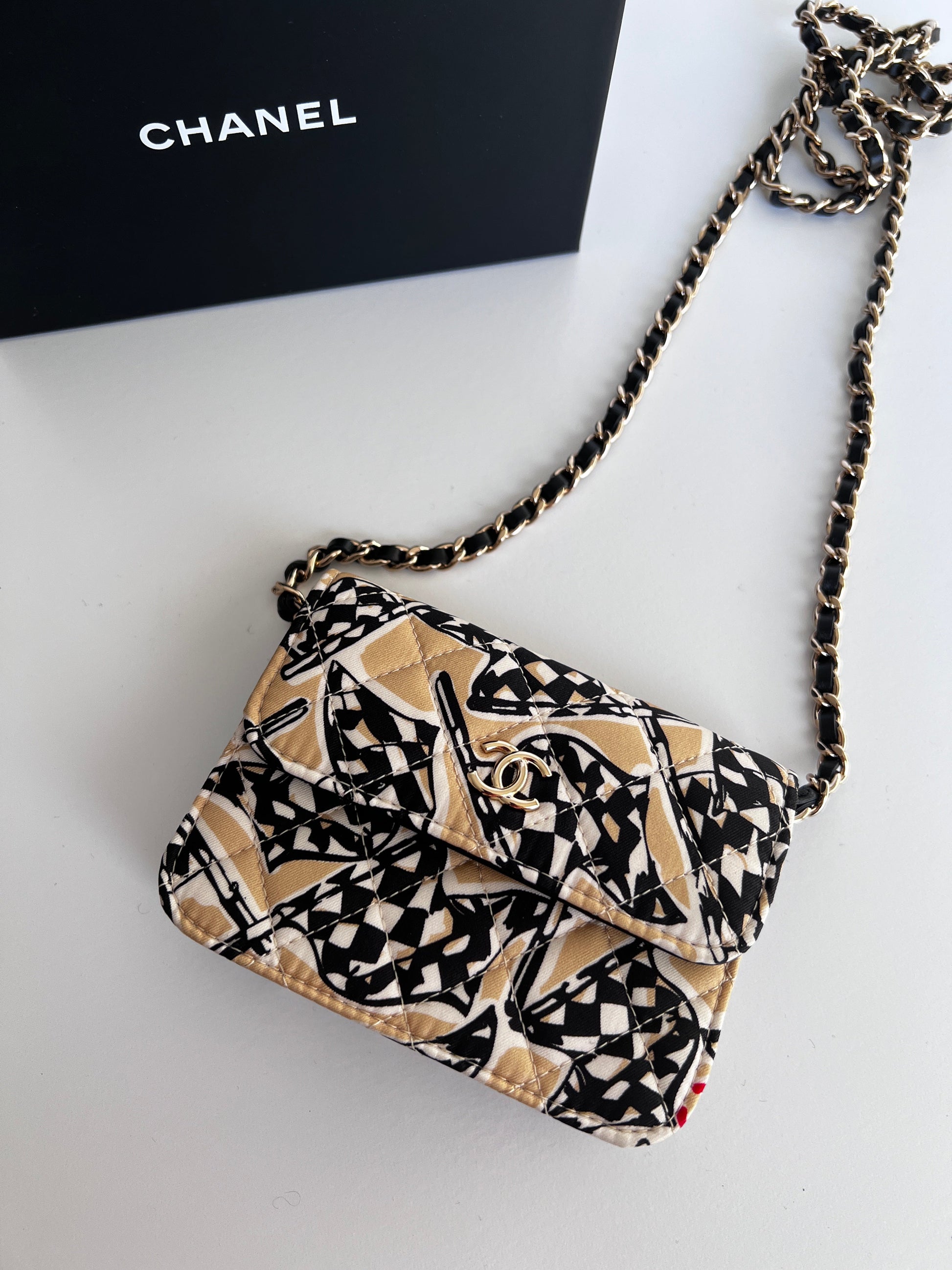 Chanel Earend Checkered Flag Print Cocomark mini chain should bag 2022 Beige Black Gold