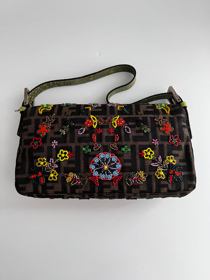 Pre-Owned Fendi floral beaded zucca baguette