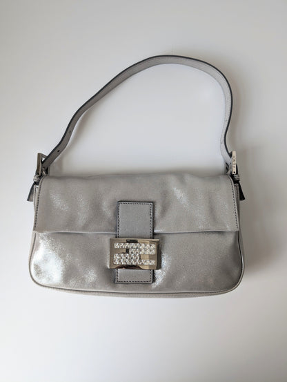 Rare! Fendi shimmering silver baguette with rhinestone buckle