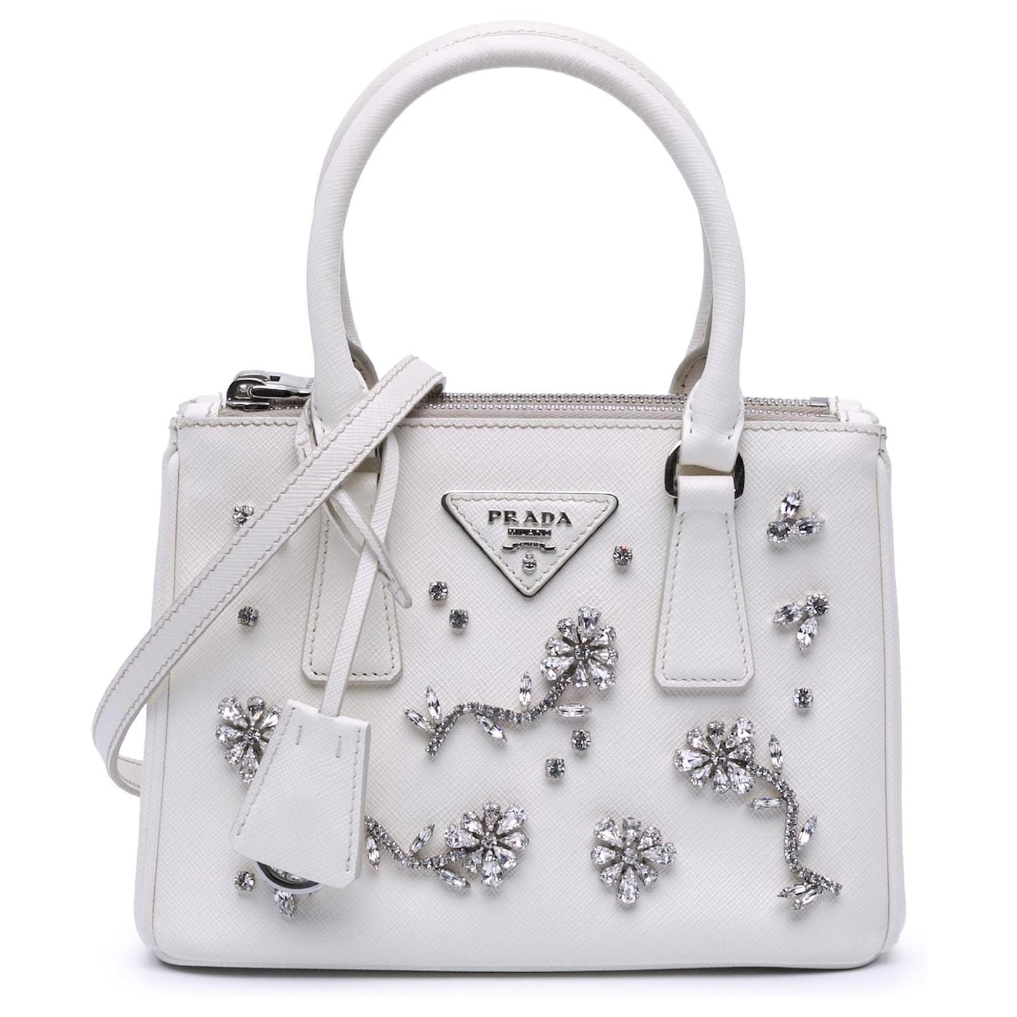 Prada Galleria White Mini Saffiano Lux Crystal Embellished Handbags